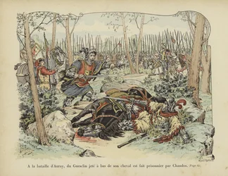 Bertrand du Guesclin kastet af sin hest og fanget af Sir John Chandos, Slaget ved Auray, 1364